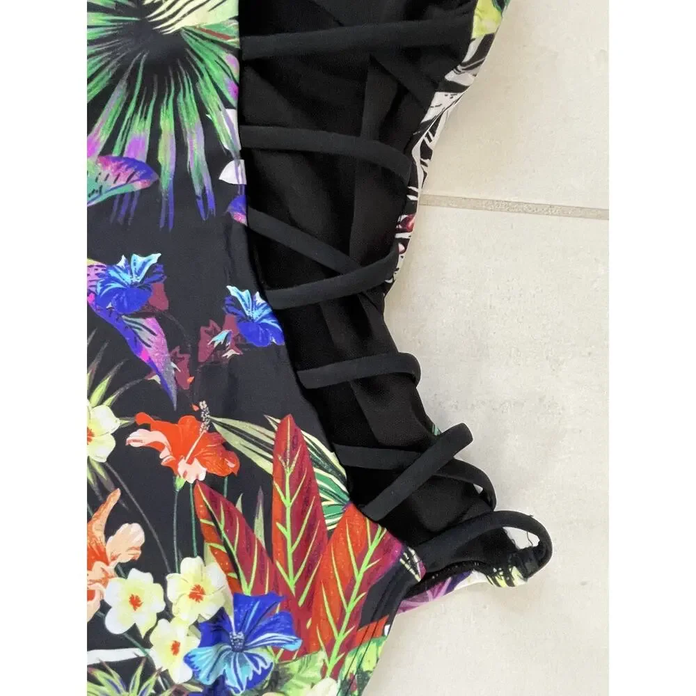 Tinibikini Swim Tropical Floral One Piece Swimsuit Strappy Sides